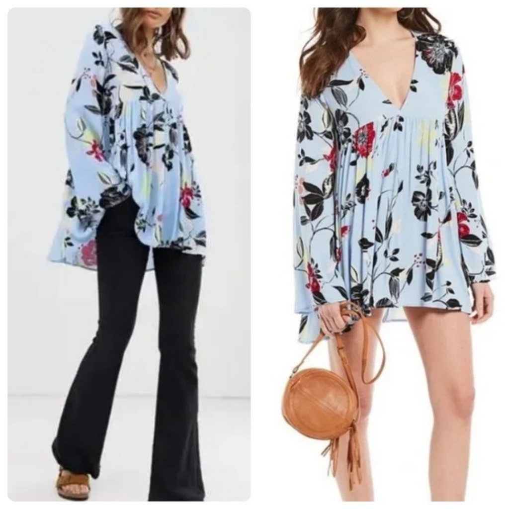 Free People Blue Bell Sleeve Blouse Oversized Chambray New Nwt Xs X Small